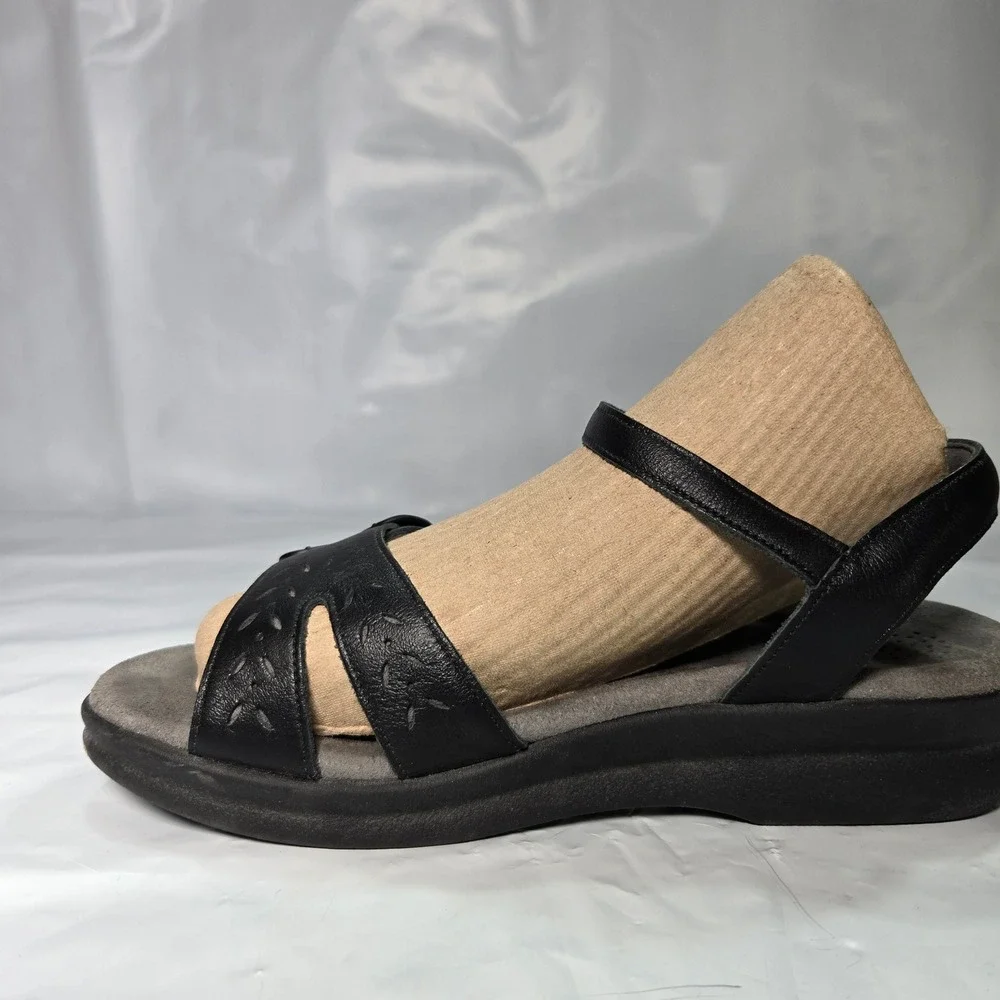 SAS Tripad Comfort Black Leather Wedge Sandals Womens 6.5 WW Wide Made in USA